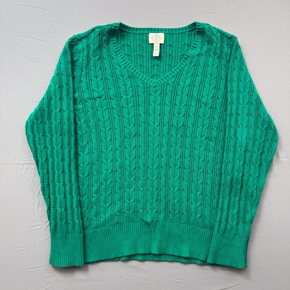 St Johns Bay Green Cable Knit V-Neck Sweater Womens 2X Cotton Blend Long Sleeve